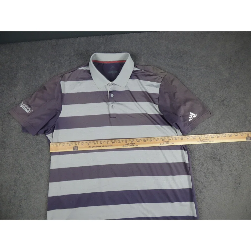 Adidas Golf Mens Large Purple Striped Polo Shirt Memphis National Logo Short Slv